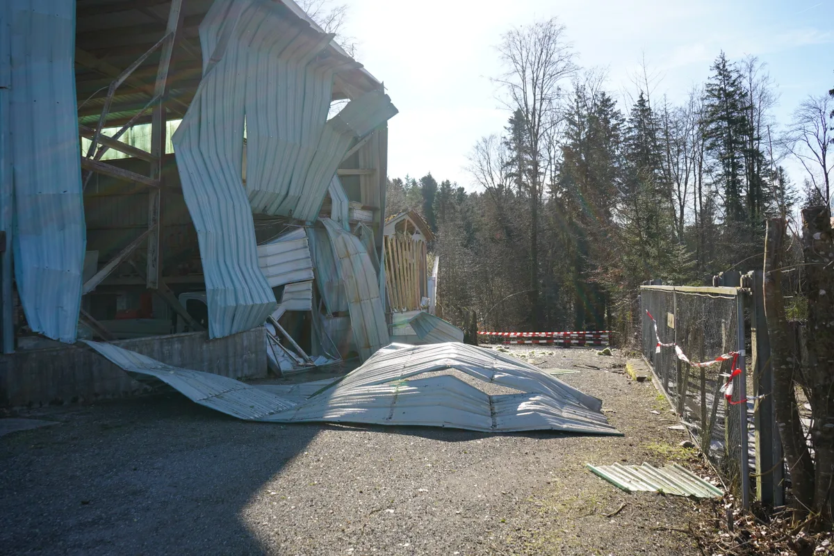 Wellblechgebäude mit weggesprengten Aussenwänden. 